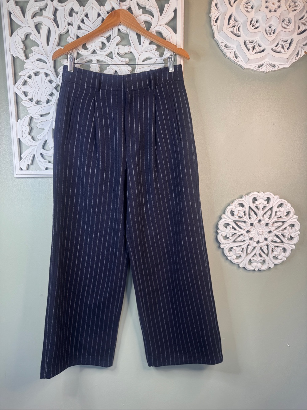 Everlane Draper Navy Pinstripe Wide-Leg Dress Pants Wool Sz 10